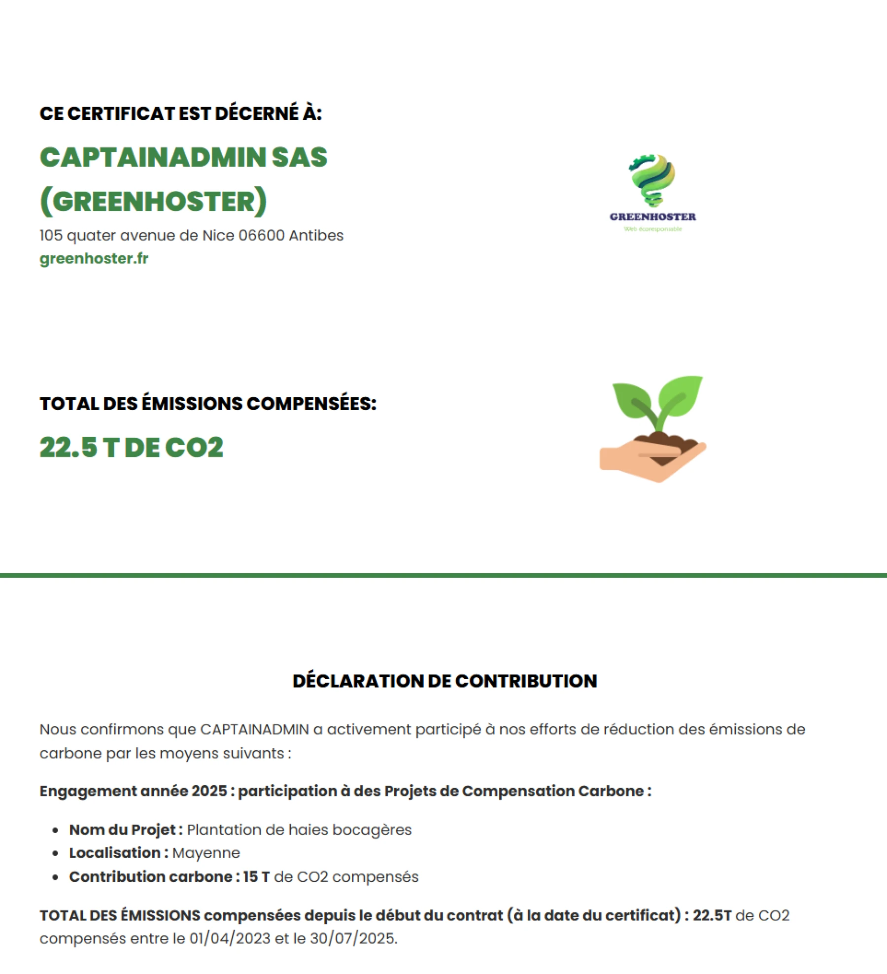image certificat écologique Greenhoster